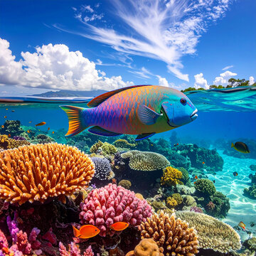 Parrotfish and Vibrant Coral Reef Split View Under Tropical Blue Sky
