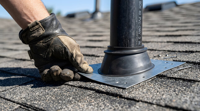 roof vent pipe flashing installation | plumber installing rubber pipe boot | residential roofing repair services | asphalt shingle roof maintenance