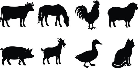Obraz premium Farm Animal Silhouette Vector Bundle Featuring Cow Horse Rooster Sheep Pig Goat Duck and Cat