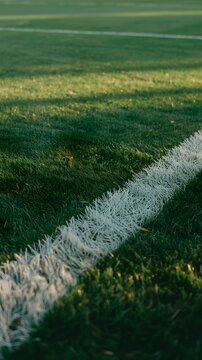 Closeup of a white line on a green grass sports field with sunlight and shadows