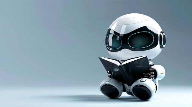 Cute robot character learning and reading a book, symbolizing artificial intelligence, education, and knowledge acquisition in a modern digital world.