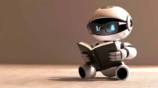 A charming white robot with stylish glasses sits on the floor, deeply engrossed in reading a traditional book, symbolizing artificial intelligence and continuous learning.