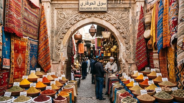 Authentic Moroccan Market Scene with Ornate Stone Archway, Vibrant Spices, and Hanging Berber Rugs in a Traditional Medina Souk