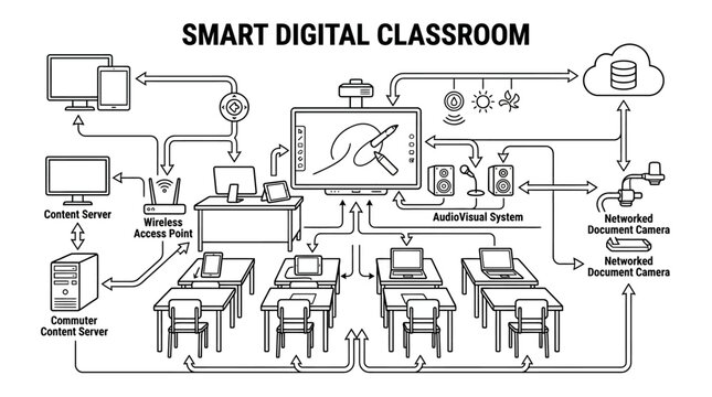 Flat network diagram for smart digital classroom technology integration.