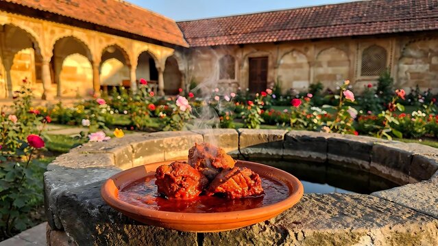 Traditional Mediterranean courtyard with vibrant flower beds and terracotta planters.
