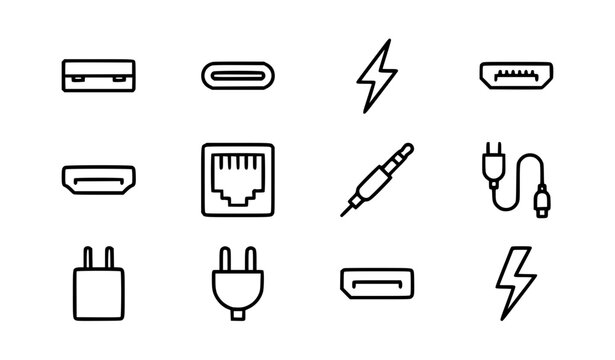 Computer Cable and Charger Port Line Icon Set Featuring USB Type C, HDMI, Ethernet RJ45, Audio Jack, Power Plug, and Flash Energy Symbols