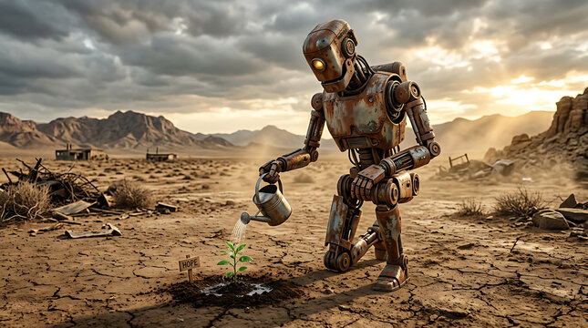 Metallic robot kneeling and watering a small green plant in a barren desert