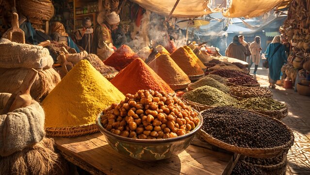 Traditional Indian clay cooking pots with spices and utensils.