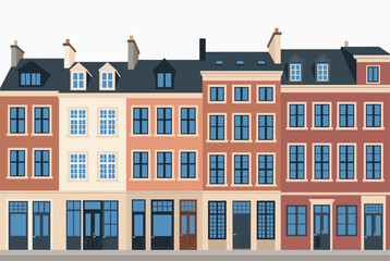 Fototapeta premium Colorful row of traditional European townhouses with multiple windows and chimneys under a dark slate roof.