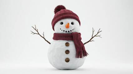 Fototapeta premium Close-up cinematic snowman wearing winter clothes on white background