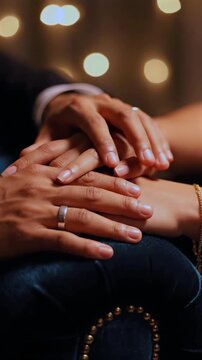 Couple holding hands in intimate moment expressing trust, support and emotional connection. Close interaction, tenderness, relationship bonding, romantic atmosphere and human care 