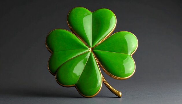 A shiny green four-leaf clover with gold trim and stem on dark background