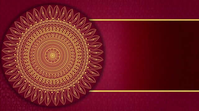 Luxury golden mandala animation on red pattern background. Elegant Islamic wedding invitation loop video with empty banner for text.