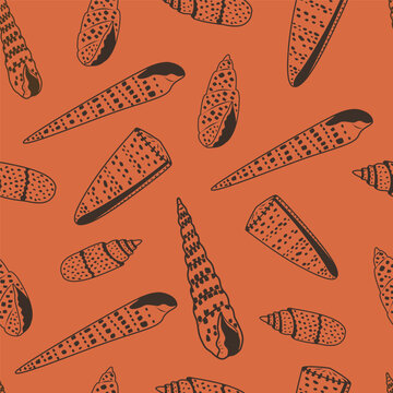 Seamless seashell vector pattern in earthy terracotta. Hand drawn cone shells with dark brown line art details on orange background for fabric and wrapping paper design.