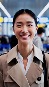 smiling young woman portrait close-up shot in airport terminal with blurred background, travel lifestyle concept with passenger waiting for flight, journey, tourism and modern urban mobility