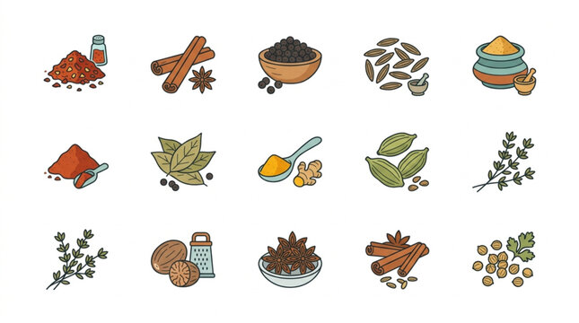 Various Spices and Herbs Collection in Hand Drawn Style.
