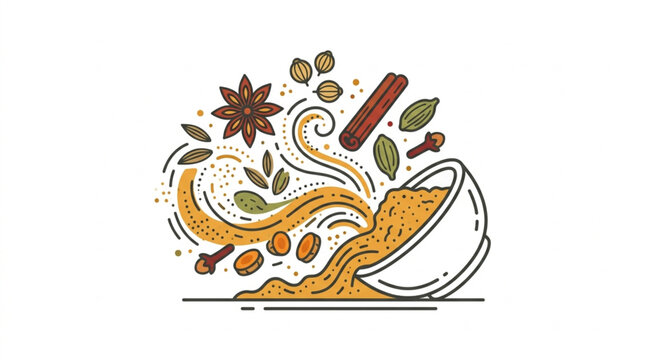 Various spices spilling from a bowl with steam illustration.