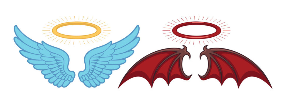 Angel and Devil Wings: A symbolic contrast between divine angelic wings with a golden halo and demonic bat-like wings with a red halo, representing the eternal struggle between good and evil.