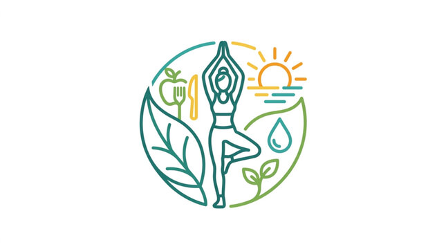 Woman practicing yoga surrounded by symbols of healthy living and nature.