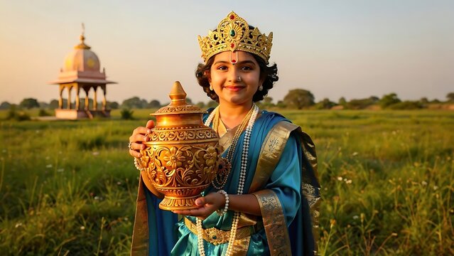 Traditional Indian woman in colorful attire with temple backdrop.