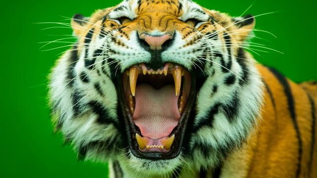 Fierce tiger roaring loudly showcasing sharp teeth powerful jaws in wild jungle close up