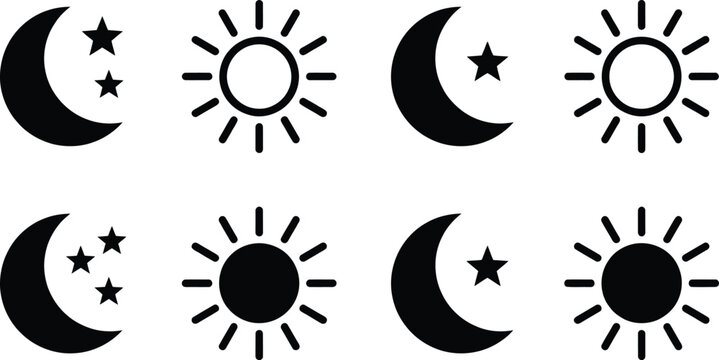 Set of moon and sun icons with stars and rays isolated design elements