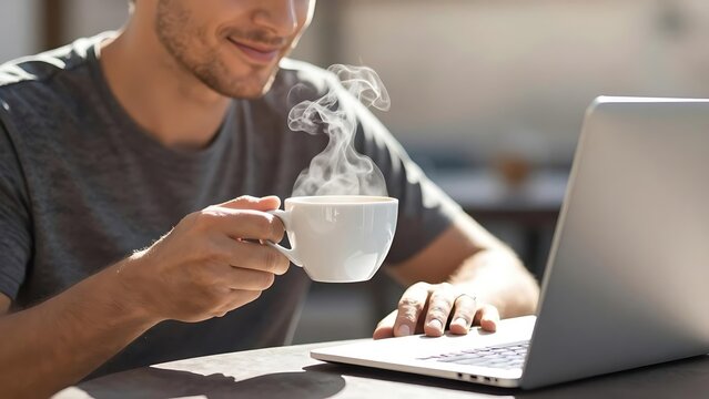 A man drinks hot coffee while working on a laptop. The concept of the morning workplace and business lifestyle.