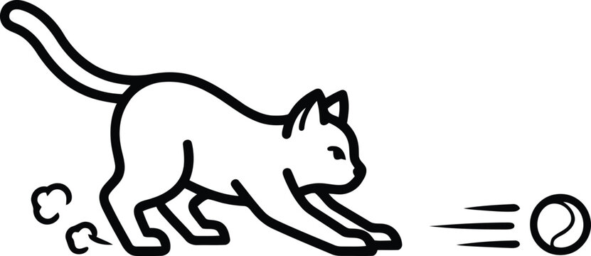 Playful cat chasing a tennis ball line art vector illustration with movement monochrome exercise domestic