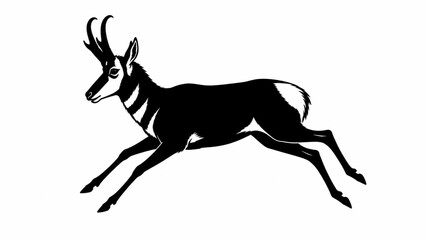 Fototapeta premium Vintage pronghorn antelope illustration, black and white wildlife sketch, running gazelle animal silhouette, hand drawn nature art