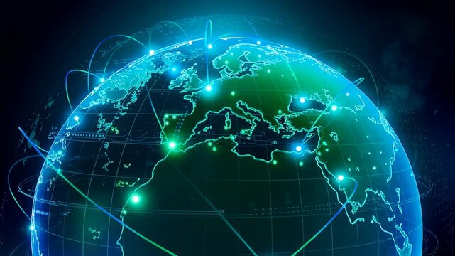 Glowing digital globe with interconnected nodes and flowing lines representing global network and technology