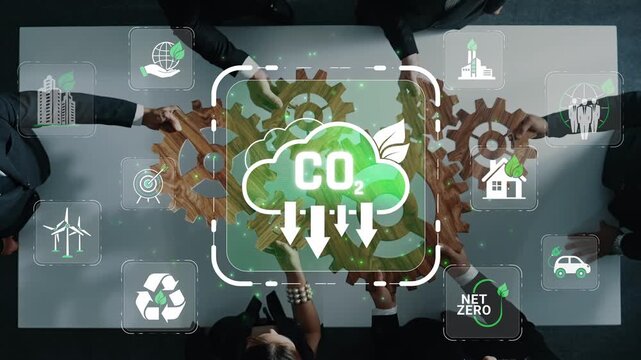 Collaborative Efforts Towards Achieving Net Zero Emissions with Gears, Cloud Symbol, and Green Elements in a Modern Office Environment Sigmoid