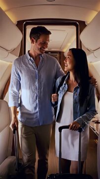Couple walking private jet cabin medium shot with luggage, man and woman smiling before departure, premium travel experience, aviation lifestyle scene, exclusive journey concept