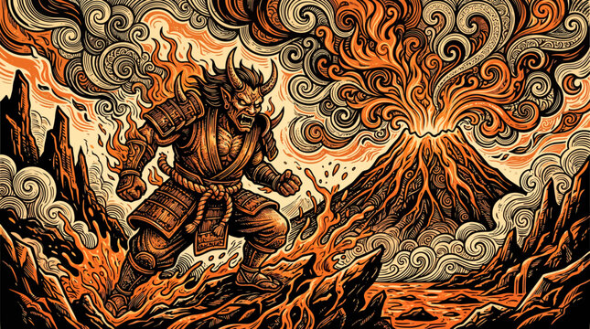 Japanese Oni Warrior Standing Before an Exploding Volcano in Stylized Traditional Art Style