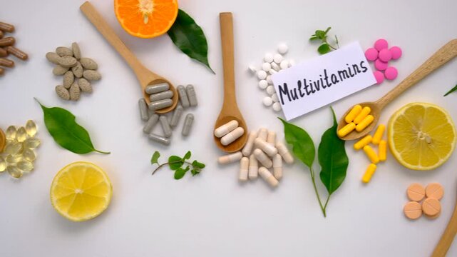 Various tablets and capsules, supplements and vitamins. Selective focus.
