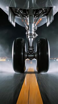 Close-up of aircraft landing gear rolling on runway center line, aviation transport. Airplane wheel moving on wet surface with reflections, takeoff or landing process, speed, safety, travel 
