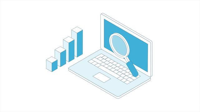 Business analysis stroke isometry. Laptop screen, diagram and magnifier outline footage. Financial infographic elements. Marketing and analytics concept.