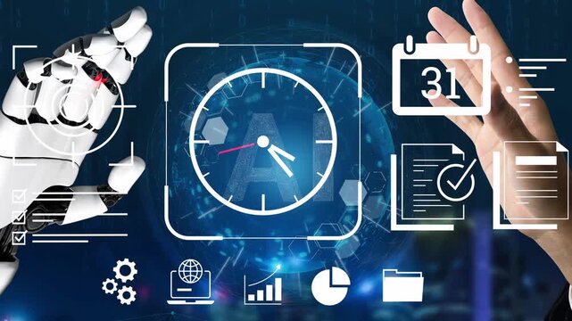 Futuristic robotic hand and digital interface showcasing time management, technology integration, and artificial intelligence in modern workspace setting Gluon.