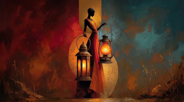 An artistic painting featuring a silhouetted female figure standing between two glowing ornate lanterns against a dramatic warm and cool split background