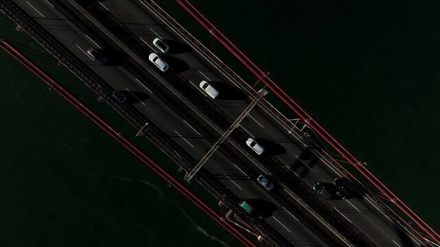 25 de Abril Bridge Cinematic Drone Footage Above the Tagus River in Summer. Lisbon Portugal