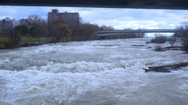 This view likely shows the turbulent upper rapids of the Niagara River just before the falls, a scene commonly photographed from Niagara Falls State Park.