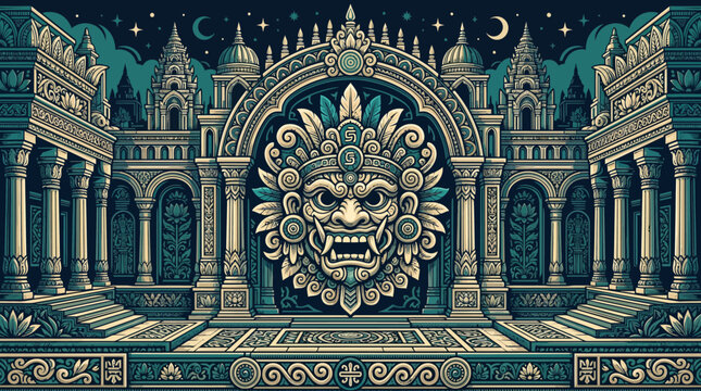 Traditional Balinese temple facade with central mythological mask ornament
