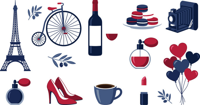 Elegant Flat Design Paris France Element Collection Set with Eiffel Tower Wine Perfume Heels Lipstick Macaroon and Balloon for Fashion and Travel Design