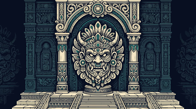 Mythical Guardian Mask Entrance at Ornate Ancient Stone Temple Portal