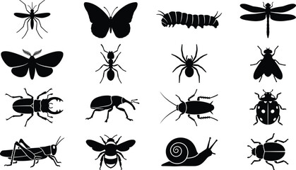 Black Silhouette Insect and Bug Collection Set with Mosquito Butterfly Caterpillar Dragonfly Ant Spider Beetle Ladybug Bee and Snail Design © MdRezaul