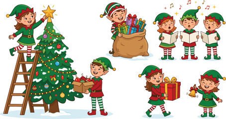 Fototapeta premium Cute Cartoon Christmas Elf Collection Set Decorating Tree Carrying Gifts Singing Carols and Ringing Bell for Holiday and Festive Design