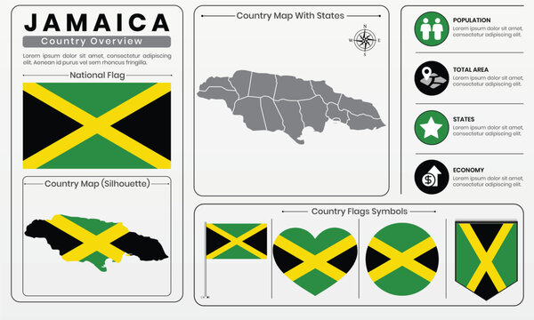 Jamaica Flag and Country Map Infographic Vector Template with Geographic InformationJamaica Flag and Country Map Infographic Vector Template with Geographic Information