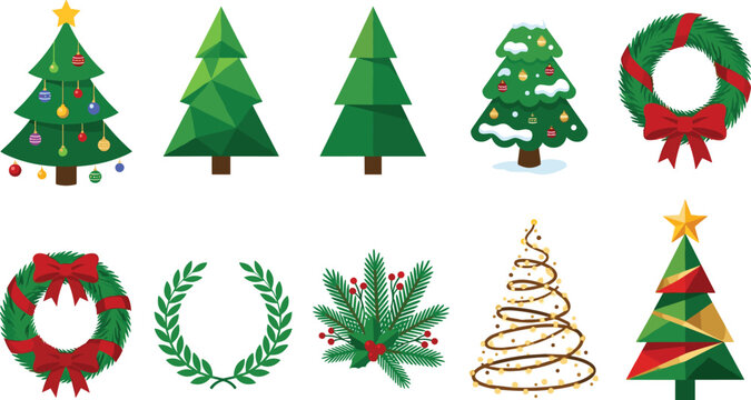 Flat Design Christmas Tree and Wreath Collection Set with Ornaments Snow Holly Berry Star and Ribbon for Holiday and Festive Design