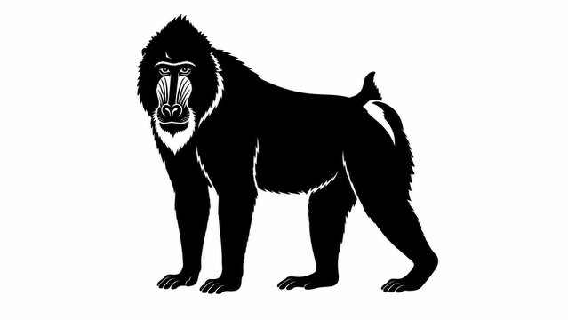 Mandrill monkey silhouette, black and white primate illustration, wild baboon animal graphic isolated on white background