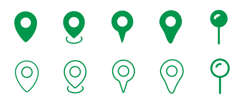 Map pin outline editable stroke and solid icons vector illustration. Place marker, gps, coordinate, pointer arrow shape pictogram.