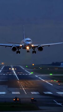 airplane approaching runway at dusk, passenger jet descending on final approach with landing lights on, aviation landing sequence, airport operations, precision flight control, commercial transport